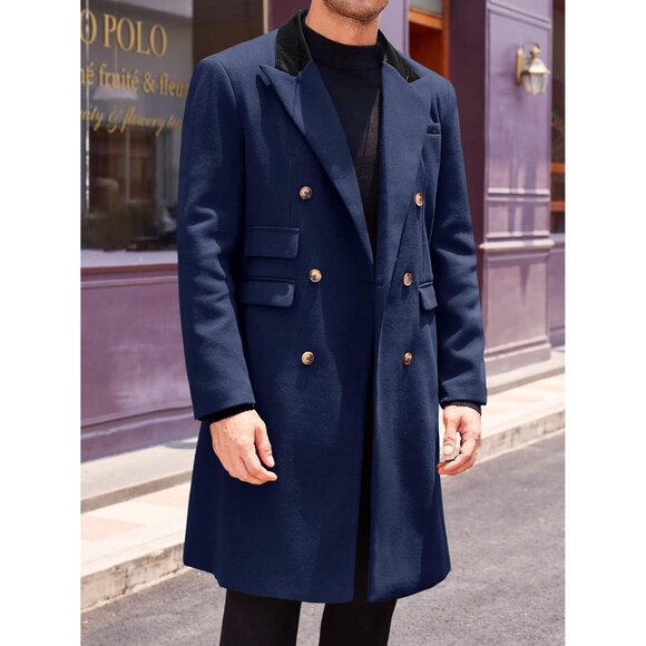 💫 Men Blue Long Trench Coat Lapel Double Breasted Casual Winter Warm Pea Coat - Picture 2 of 5